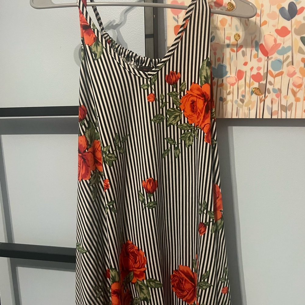 Striped Dress with Red Floral Pattern